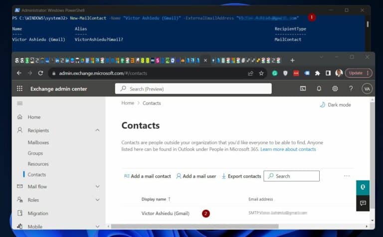 After running the New-MailContact command, the mail contact will be displayed in the Exchange Online admin center