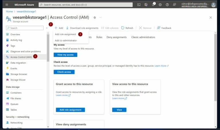 After that, click Access Control (IAM) - Add and choose Add role assignment