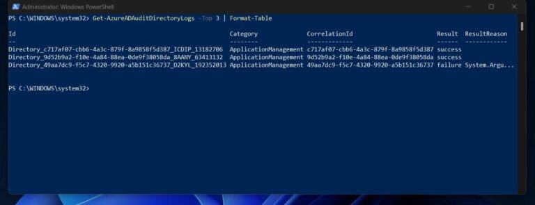 Automating Azure AD Auditing with PowerShell - pipe Get-AzureADAuditDirectoryLogs -Top 3 to Format-Table