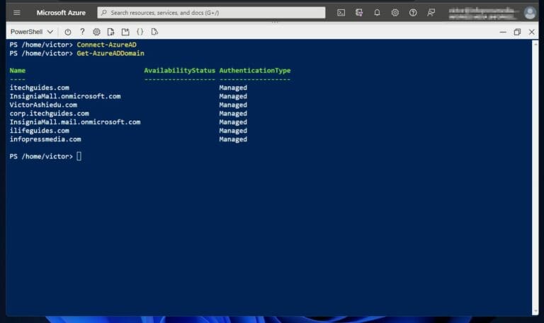 Finally, once you've run the  Connect-AzureAD command, you can execute other commands in the AzureAD module. I have run the Get-AzureADDomain command - part of the AzureAD module - as an example. 