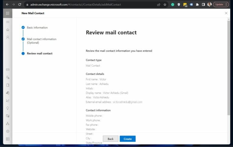 Finally, review the information you provided and if you're happy with it, click Create to add the new mail contact