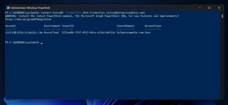 If the sign-in is successful, PowerShell should display your Azure tenant information