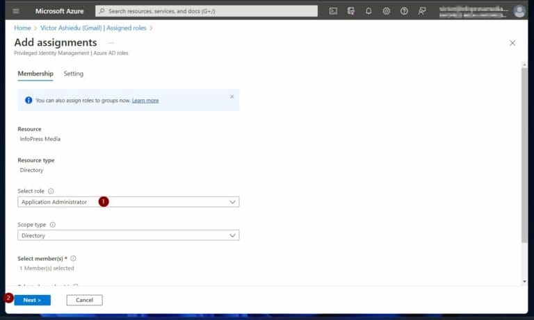 Once the Add assignments page opens, select the Azure AD role you want to assign the guest account and click Next. 