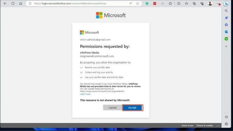 Secure Collaboration in Office 365 - Once the new guest user signs in, Microsoft requests them to grant access to the organization they're joining. 
