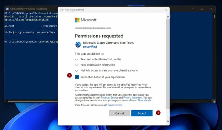 Once you sign in, check Consent on behalf of your organization at the Microsoft Graph permission request pop-up and click Accept