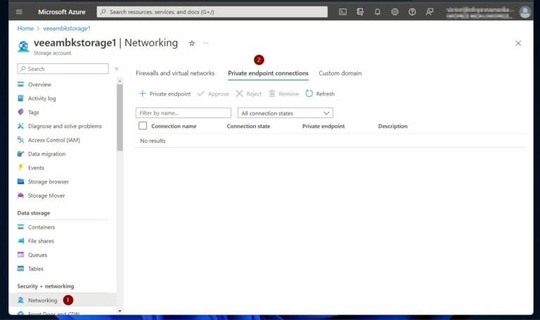 Open the Azure Storage account, and click Networking - Private Endpoint Connection