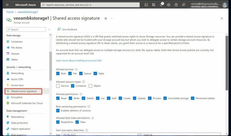 Open the Azure Storage account and select Shared access signature from the Security + networking menu