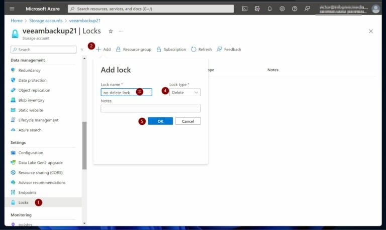 Azure Storage Security - To create a delete Lock, open the storage account and click Locks in the Settings menu. After that, click add