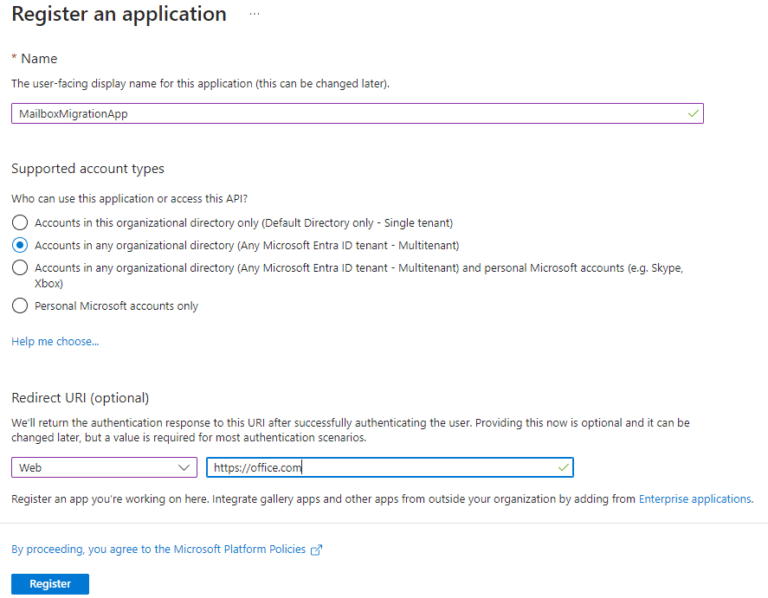 How to – Office 365 to Office 365 Migration register an application