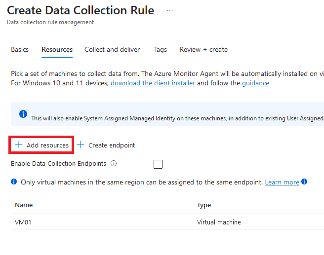 Create data collection rule add resources