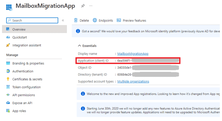 mailbox migration app Application ID