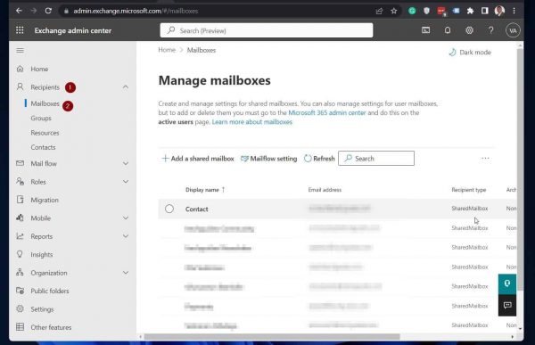 Create, Modify, or Delete Shared Mailboxes in Exchange Admin Portal 3
