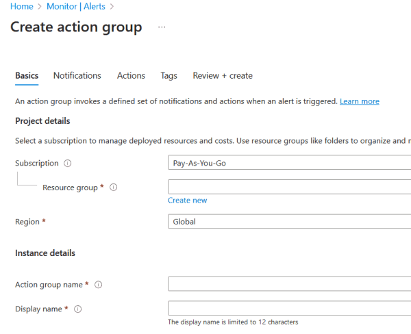 Create action group Azure Security Monitoring and Alerting of Security Events