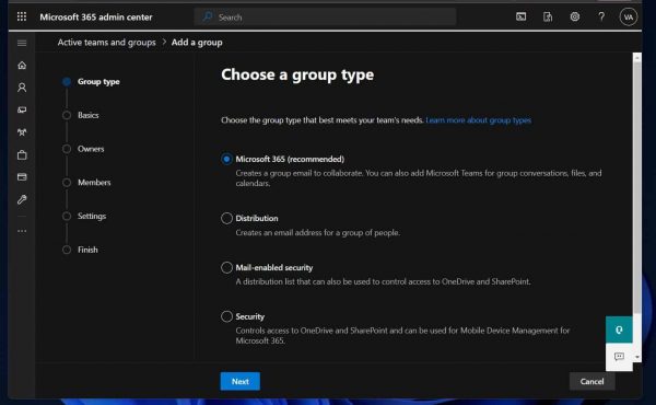 Choose a group type page on Microsoft 365 portal