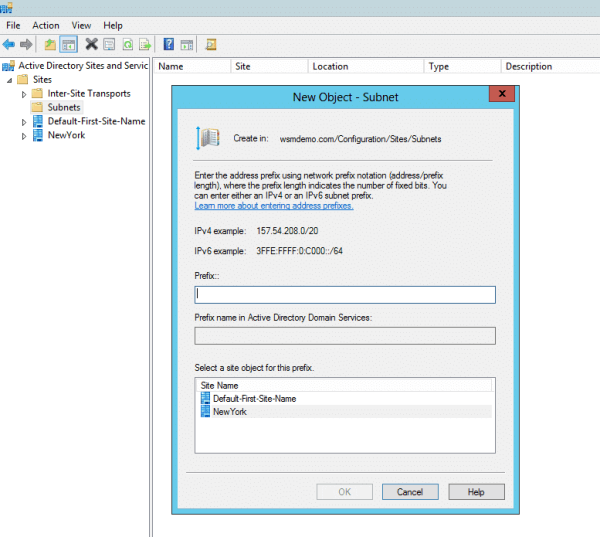 Creating a new subnet from the Active Directory Sites and Services window