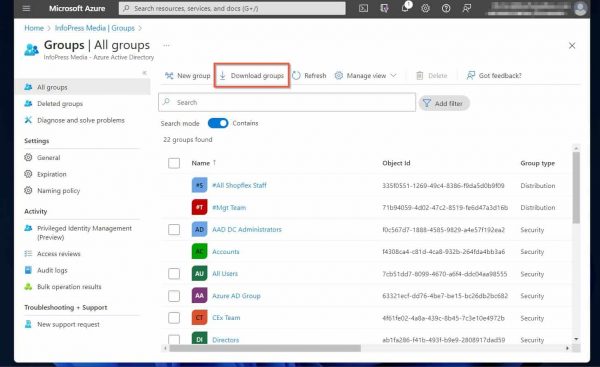 Method 2 of 3: Create and Manage Office 365 Groups for Collaboration Using Azure Active Directory Portal - Export Office 365 Groups in Azure Active Directory Portal - click 'Download groups'