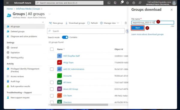 Export Office 365 Groups in Azure Active Directory Portal - start downloading the groups in a CSV file