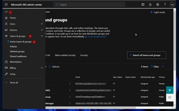 Modify or Delete Office 365 Groups in Microsoft 365 Admin Portal - open Active teams and groups