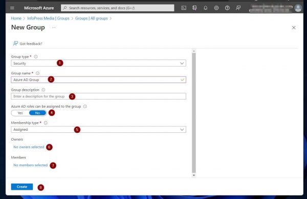 Screenshot displaying the options to create groups in the Azure AD portal 1