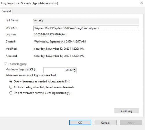 event viewer default size of logs